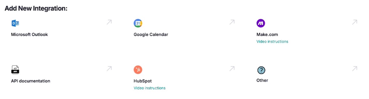 The integrations you can add in Kollie: Outlook, Google Calendar, Make.com, API, HubSpot and other