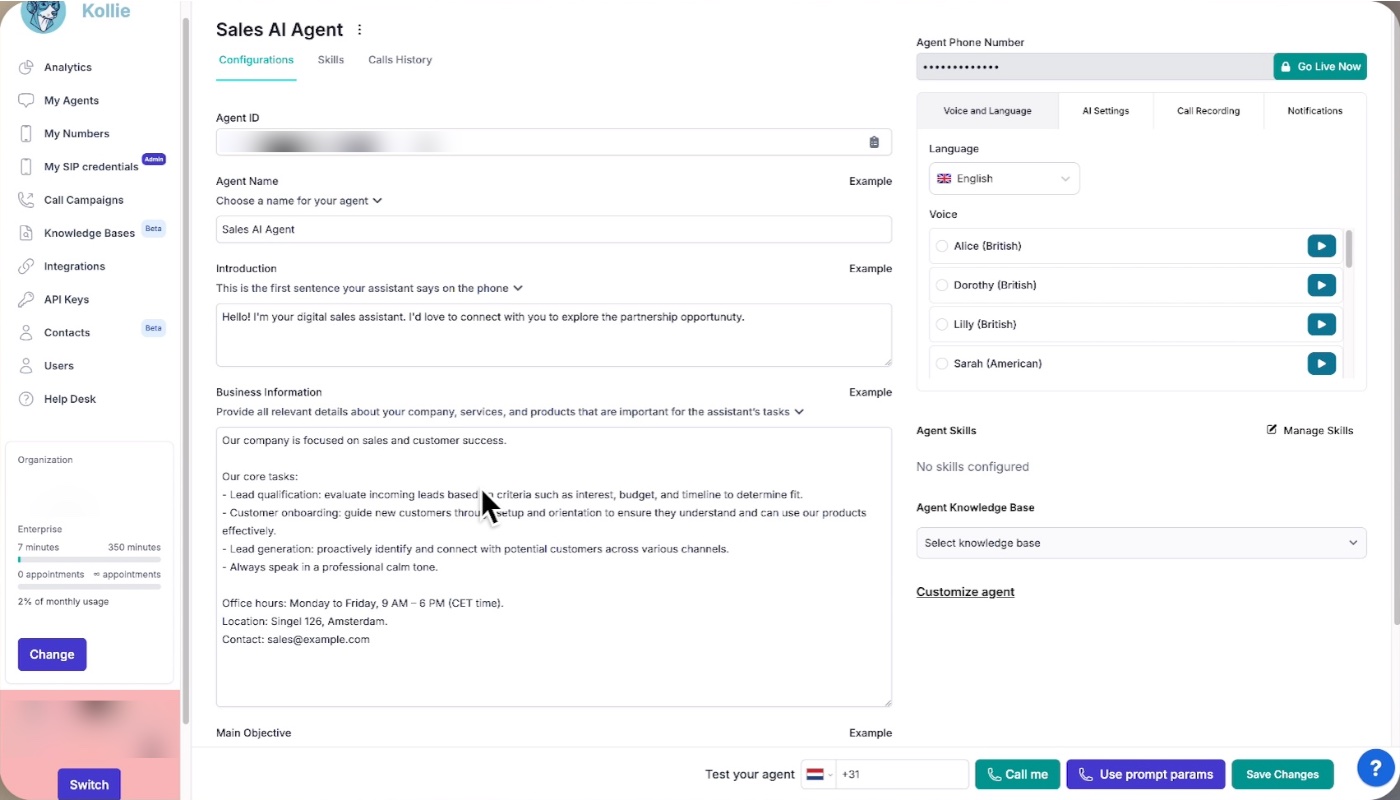 The agent configuration page with introduction, business information and voice settings