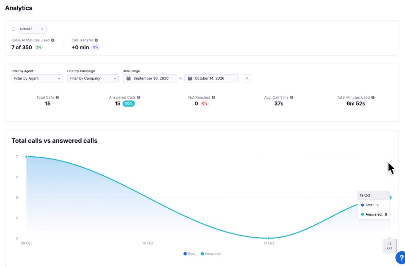 The Analytics dashboard with minutes used, call totals and a calls chart